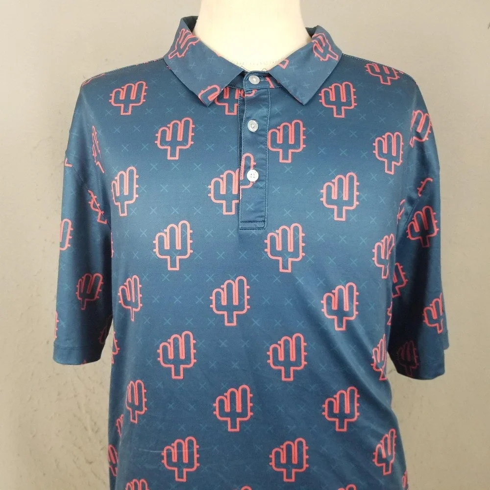Yatta Golf Polo Shirt Mens 2XL Blue Cactus Print Performance Stretch Golf